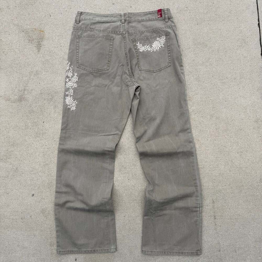 Nautica Jeans Company Olive Green Floral Embroidered Straight Leg Jeans